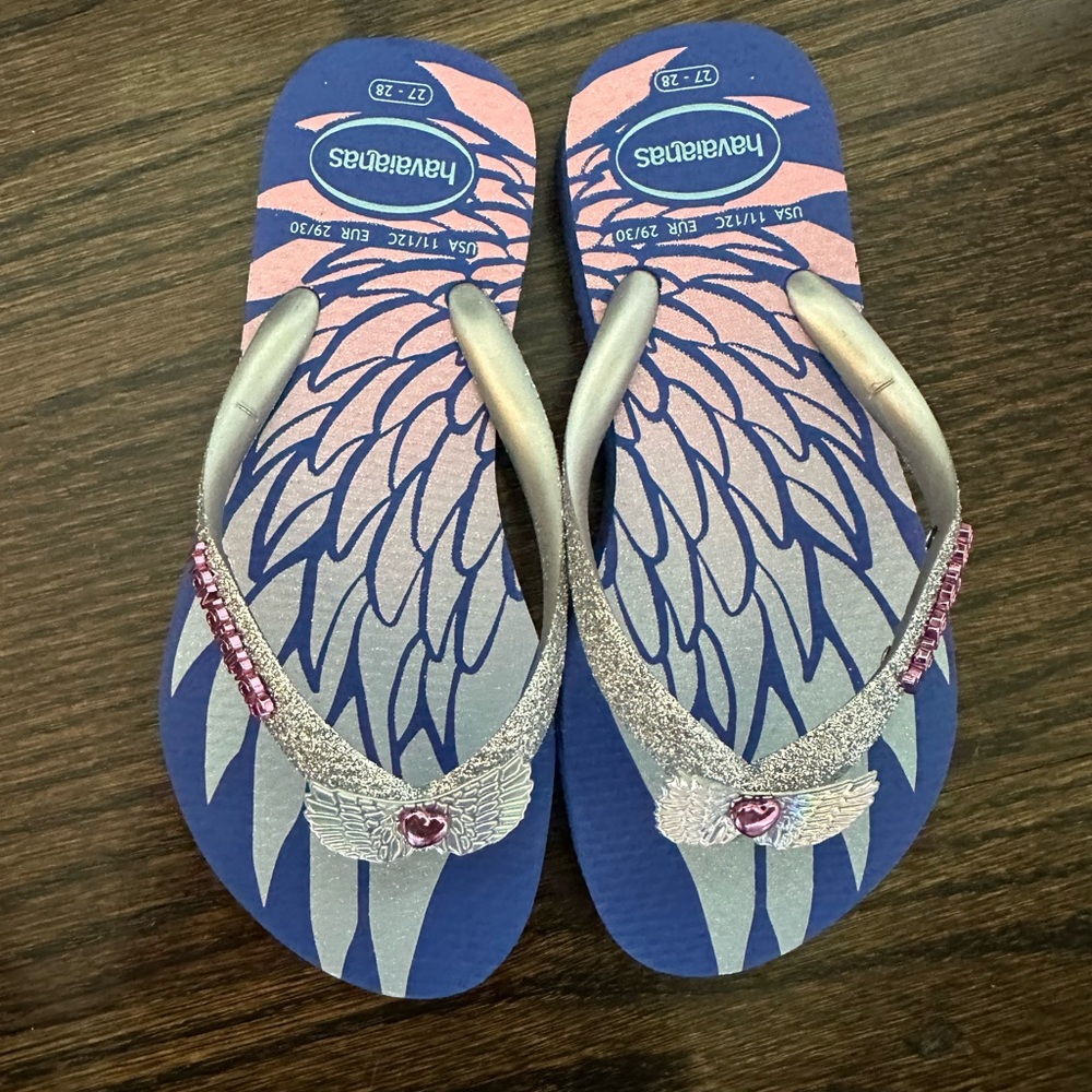 BNWOT Girls Havaianas Angel Wings Blue Flip Flops 27/28 11/12